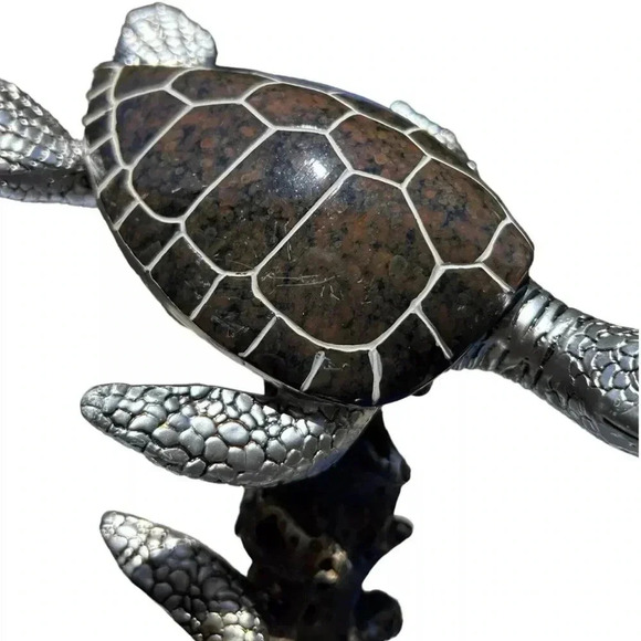 2 Swimming Sea Turtles Polystone Figurine 12" Decorative Coral Metallic Granite - Picture 5 of 9